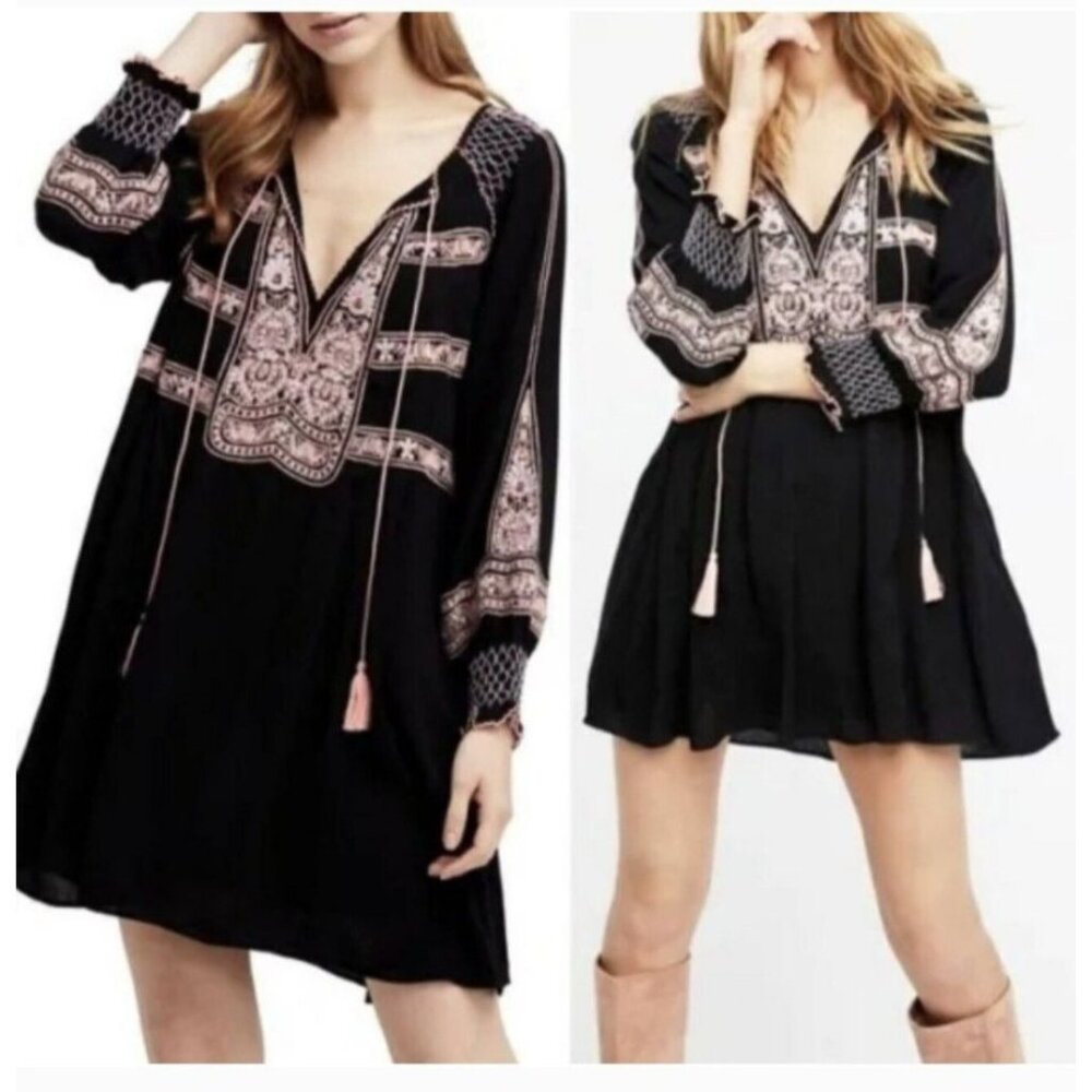 Free People Black Mini Dress with Pink Embroidery